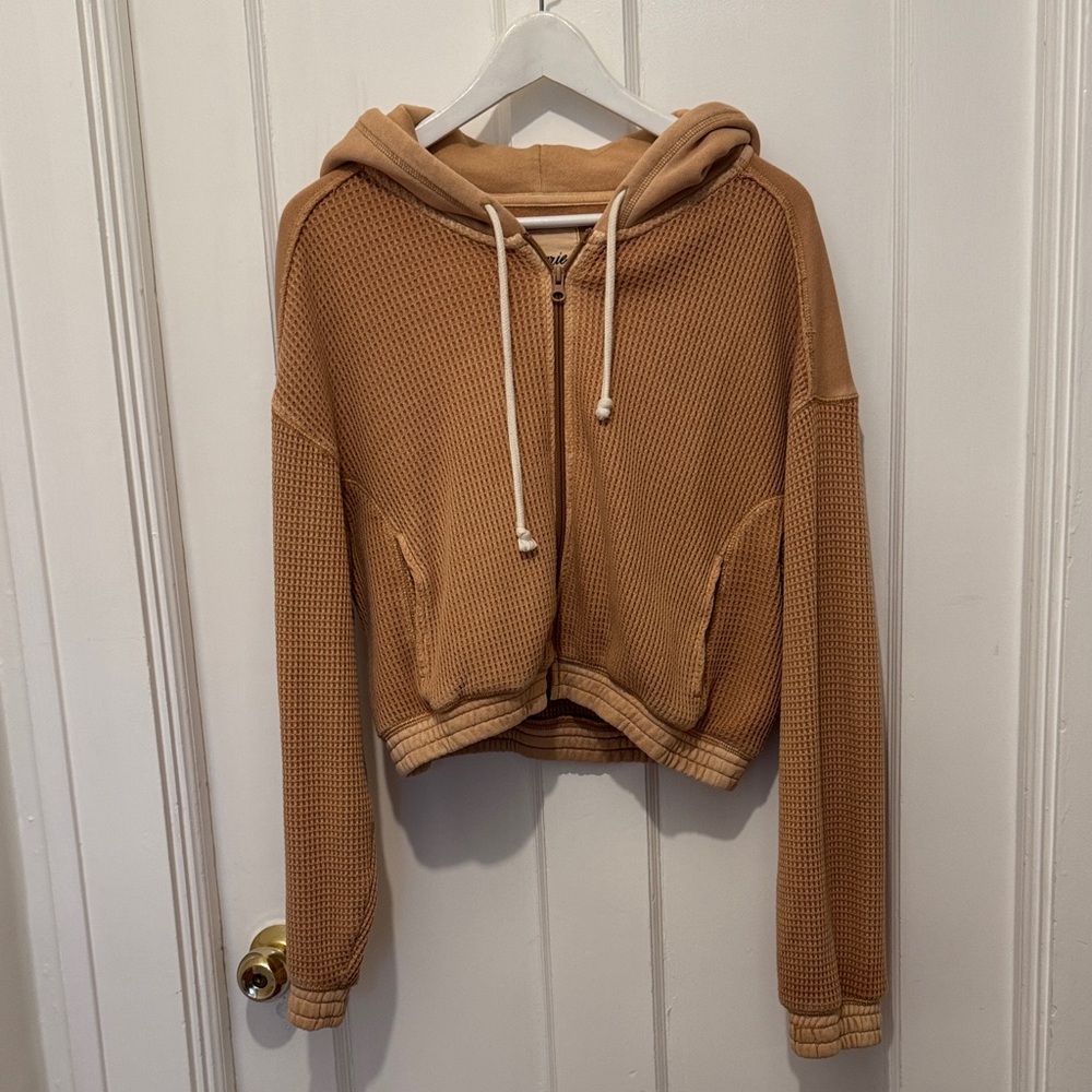 Aerie Tan Cropped Waffle Knit Zip-Up Hoodie